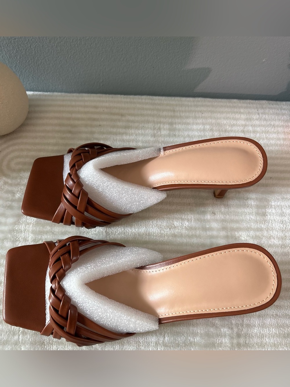 Braided Strap Square-Toe Brown Women's Mules